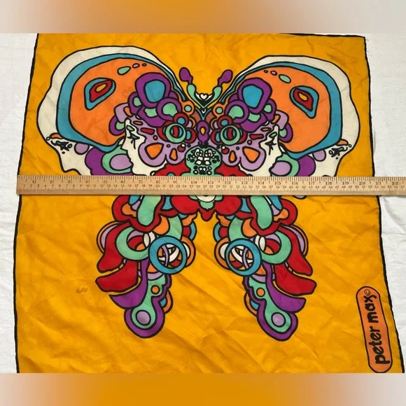 Peter Max Scarf Vintage 1970s Butterfly Psychedelic Vivid Color Gold Silk? - Picture 5 of 15